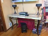 Iron and stone console table and Bose audio system