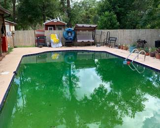 Outdoor swing, outdoor bench, floaters for the pool