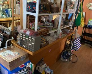 More crafting gear all piled in a gorgeous wood desk (also for sale)