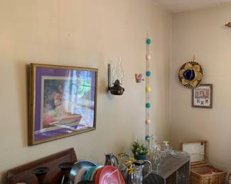 Dining table, dishware, artwork and more