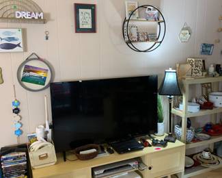 Tv, console table, dvds, dvd player, Wii fit board, Wii games, and moooore