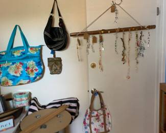 File cabinet with key, purses and window hangers