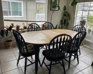 Dining table with 6 chairs. Plants