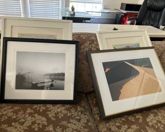 L: framed art print titled "Riverview" by Richard Calvo