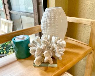 Coral sculpture on a clear glass base, White vase