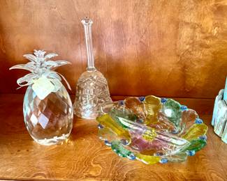 Crystal pineapple, glass bell, relish tray