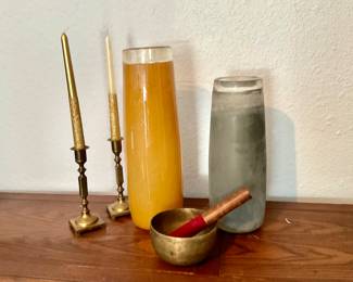 West Elm vases, Tibetan singing bowl, brass candlholders