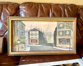 Vintage framed print depicting a Parisian street scene by K. Chin