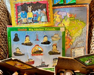 Collection of Vintage toys & educational items: MagiCloth, Theodore Tugboat, Goodnight Moon, Map puzzle