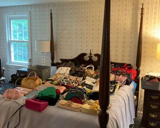 4 POSTER BED AND HANDBAGS