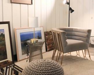 Jonathon Adler Chair
Ottoman
Pair of metal and glass end tables