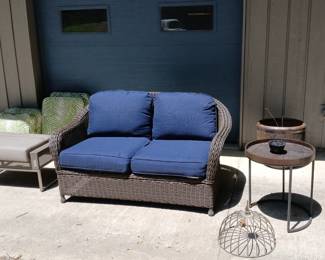 Wicker love seat, misc items