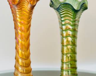 Vintage Imperial Ripple Green/Amber Carnival Glass Vases