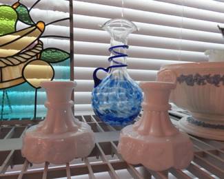 Westmoreland White Milk Glass Paneled Grape Design Candlesticks