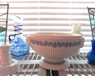 Wedgwood of Etruria & Barlaston Embossed Queen's Ware Lavender Blue on White Rams Head Fruit Bowl, Made in England