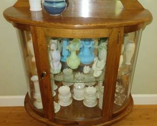 Small Oak Wood Curved Glass Console Curio Cabinet