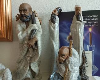 Larger WuCai clay/mud and porcelain glaze figures.   Is that man talking to a fish?