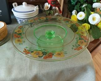 Uranium glass cake plate with painted flowers