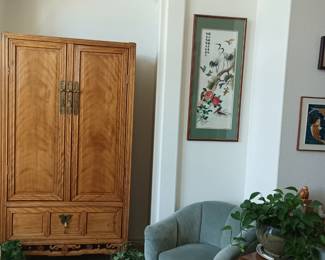 Ming Dynasty style elm cabinet with 2 doors, drawers and removable panel.
