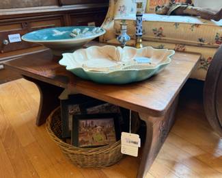 Carved Wooden Foot Stool, Signed Harold Johnson Tray, Wall Hanging Pottery Plate, Baskets
