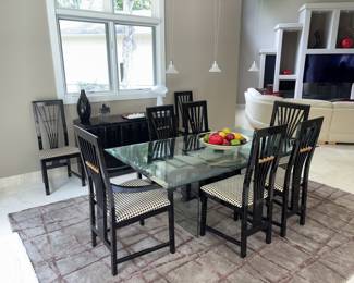 Modern Black Lacquer Dining Set W/Table Chairs & Sideboard, Loloi Chocolate Dover Collection 5’ X7’6”!