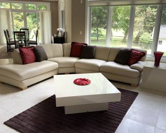 Elite Cream Leather Monte Carlo Sectional Couch, Cream Laminate Pedestal Occasional Table & Cube Side Table!