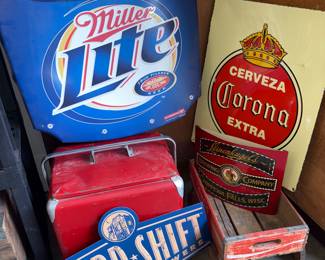 Miller Lite Lithographed Replica Hood Metal Sign,
Cerveza Corona Extra Metal Sign, Third Shift Band Of Brewers Sign, Leinenkugel’s Curved Metal Advertising Sign, Vtg Coca Cola Crate Wagon, Vtg 1950’s Progress Refrigerator Co Red Metal Cooler!