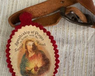 Antique Sacred Heart Scapular Badge Relic & Leather/Metal Bracelet