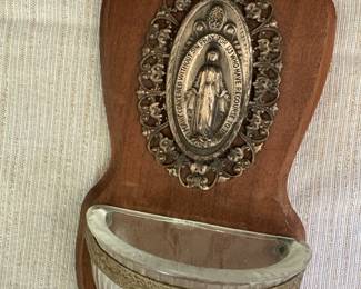 Vtg. Virgin Mary Holy Water Wall Font Wood, Metal, & Glass