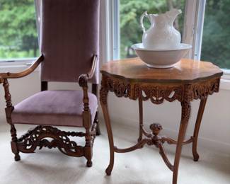 Antique Victorian Upholstered High Back Chair,
Antique Inlaid & Carved Parlor Table W/Brass Trim!