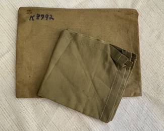 Vtg. Military Embroidered Cloth Napkin & Case Khaki Green