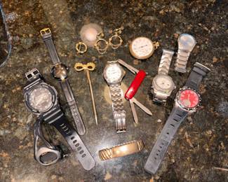 Rado #129.3575.4N Quartz Watch w/Sapphire Crystal, Timex Reef Gear Indiglo 200M Watch,
Tommy Bahama Relax Watch #RLX1003, Casio G-Shock Protection #GA-150 Watch, Swiss Military #095.1536 Watch & Pocket Knife, Kenneth Cole NY Watch, Timex i-Control #WR50M Watch, Illinois 17 Jewel 20-Year Gold Pocket Watch, Timex Ironman Watch!