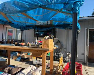 Wood tool bench, vintage stuff, tools and more