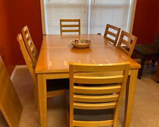 Blonde wood table with leaf and 6 chairs, 54” long, extends to 71” $175 for set