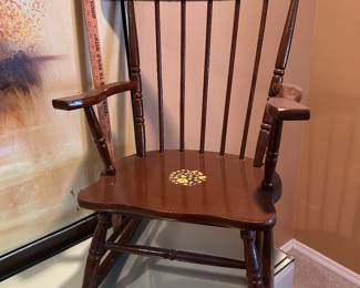 Antique wood child’s rocker with nice flower transfer $25
