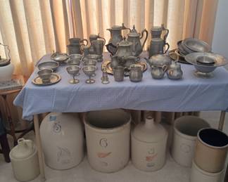 Vintage Pewter
Stoneware crocks and jugs
The large jug, to the left, is wired and set up as a lamp