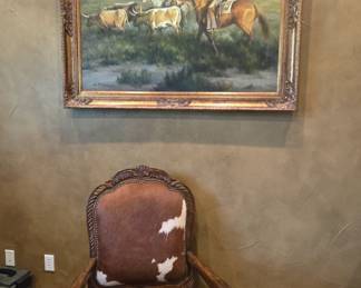 Cattle Drive Painting - Longhorn Mount - Leather Arm Chair with Cowhide Backing