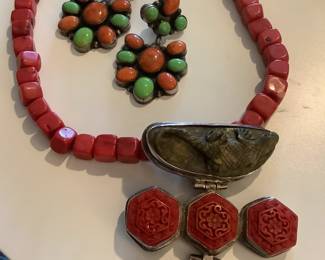 Rocki Gorman Spiny Oyster & Gaspeite Earrings, Coral Necklace with Cinnabar & Serpentine Pendant