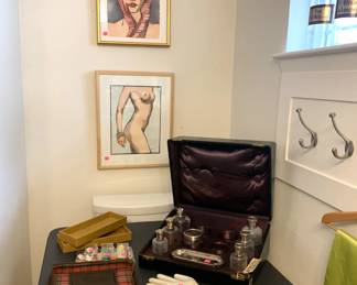 Artwork, two traveling toiletry totes - one with custom case and silverplate, one with celluloid.