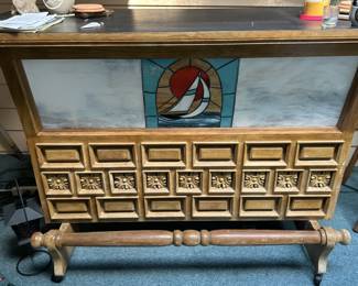 Kitchen Dining Mid Century Modern Rolling Bar Cart with Stained Glass Sailboat