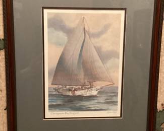 Wall Art John Moll Artist Brown Frame Green Matt Sailboat