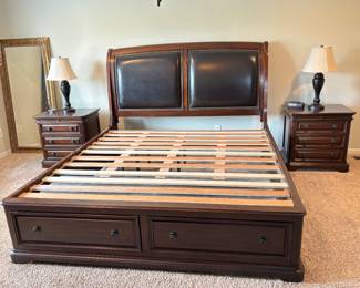 King bed frame with leather accents and under bed storage