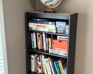 Book shelf, books, globe, games
