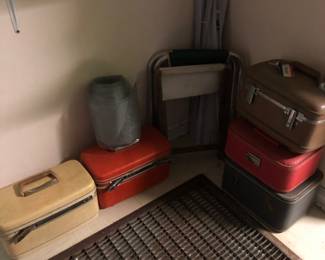 Luggage train cases vintage, camping stools, screen, etc.
