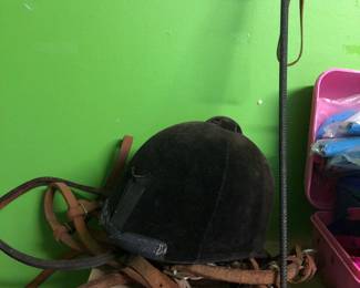Equestrian helmet, whip, horse bridal 