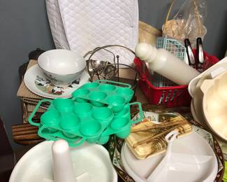 Plastic items, rolling pin, jello molds, silverware box, utensils 