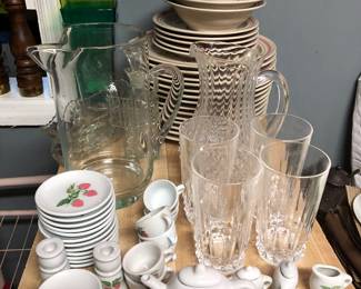 Child size strawberry tea set, glasses, pitcher, strawberry dishes