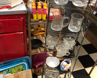 Wood cutting board, trays, glassware, etc.