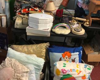 Pillows, telephones, lamps, collector plates, etc.