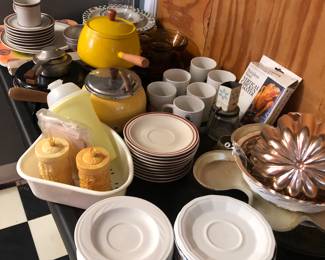 Fondue items, saucers, Jello molds, 